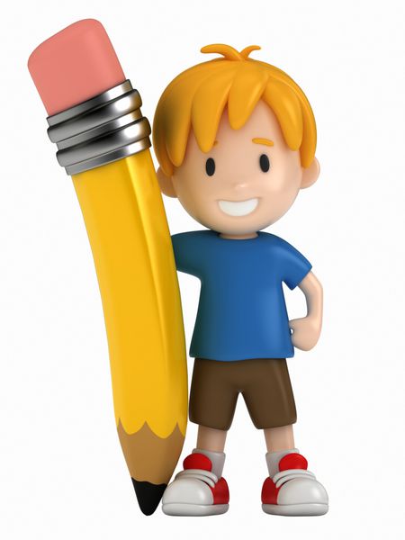 رندر سه بعدی پسر کوچولو و مداد بزرگ