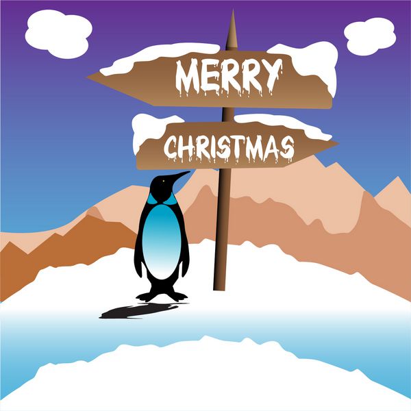 پس زمینه رنگارنگ انتزاعی با پنگوئن خیره به نشانگری که دو جهت را نشان می دهد که کریسمس مبارک روی آن نوشته شده است مفهوم کریسمس