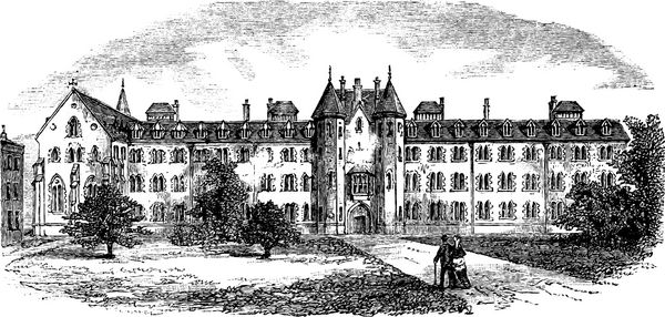 کالج سنت پاتریک یا کالج مینوث یا کالج سلطنتی سنت پاتریک مینوث در ایرلند در طول دهه 1890 حکاکی قدیمی دایره المعارف trousset 1886 - 1891