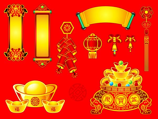 بنرهای تزئینی سال نو چینی طومارها طلا آرزوها زنگ ها سکه ها