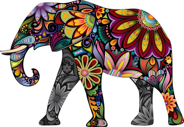 فیل شاد شبح فیل که از عناصر مختلف یک زیور گل جمع آوری شده است