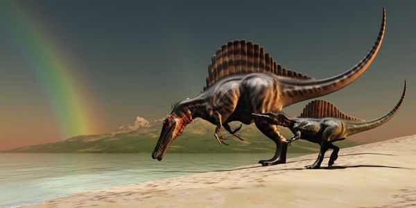 spinosaurus rainbow - یک دایناسور مادر اسپینوساروس فرزندان خود را برای نوشیدن آب به دریاچه می آورد