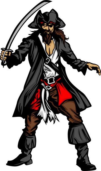 کاپیتان دزدان دریایی شمشیر در دست دارد و تصویر وکتور گرافیکی کلاه بر سر دارد