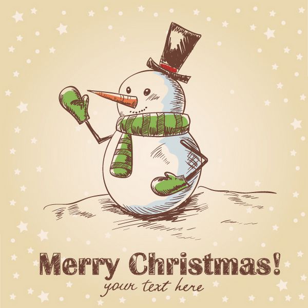 کارت کریسمس با دست طراحی شده خلاقانه با آدم برفی خندان خنده دار با شال دستکش و کلاه