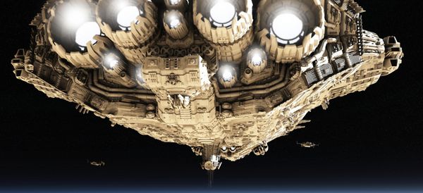 رزمناو نبرد غول پیکر و کشتی‌های پیشاهنگ کوچک در مدار پایین بر فراز سیاره تصویر سه بعدی دیجیتالی