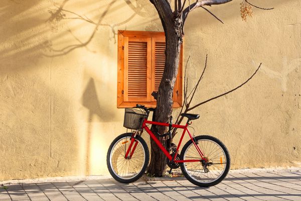 دوچرخه پارک شده در نزدیکی یک درخت در پس زمینه دیوار خانه در روز آفتابی زمستانی