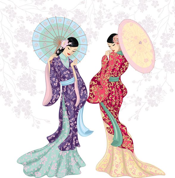 دو زن چینی زیبا با چترهای جدا شده روی سفید
