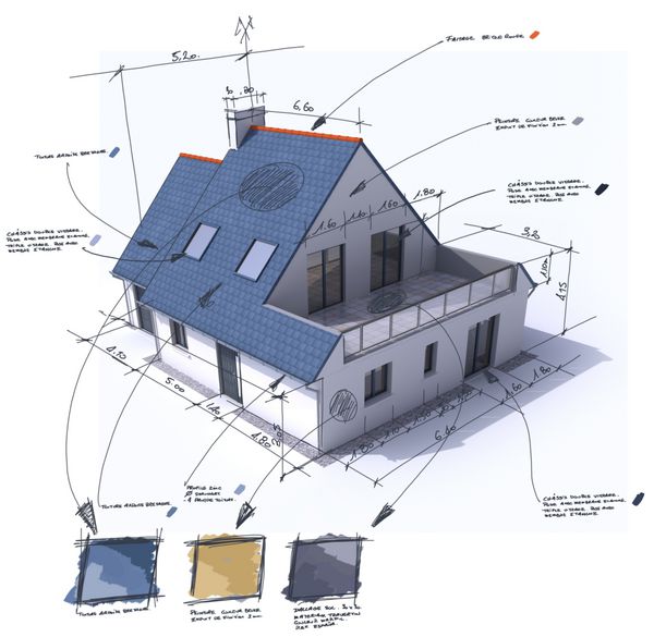 رندر سه بعدی خانه با یادداشت طراحی و مشخصات فنی