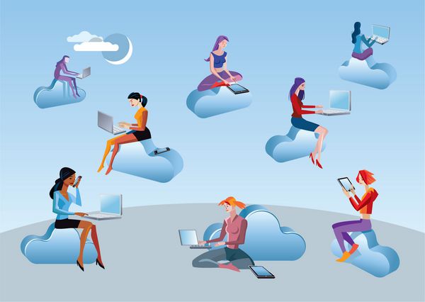 هشت دختر و زن در حالی که روی ابرهای آبی نشسته اند به داده های اینترنتی در فضای ابری دسترسی دارند نگرش کار حرفه ای و اوقات فراغت در شبکه های اجتماعی