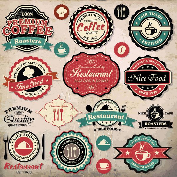 مجموعه‌ای از برچسب‌ها نشان‌ها و نمادهای رستوران و قهوه‌های قدیمی گرانج قدیمی