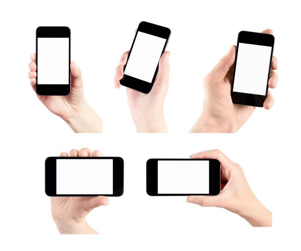 دست در دست گرفتن تلفن هوشمند همراه با صفحه نمایش خالی مجموعه 5 پوز مختلف جدا شده روی سفید