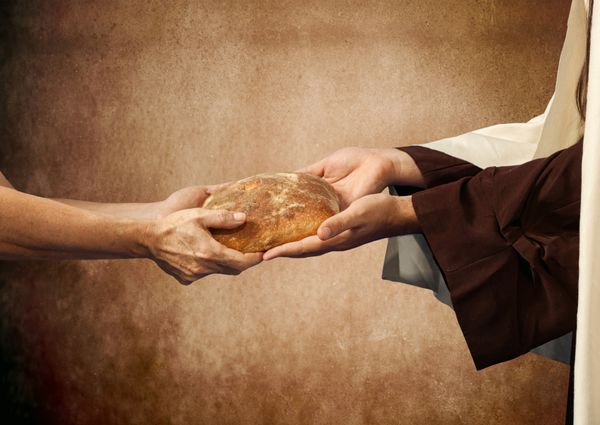 عیسی نان را به گدای با زمینه بژ می دهد