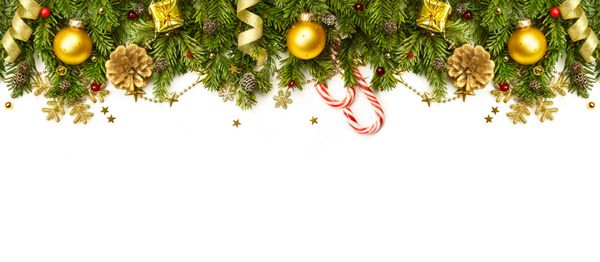 حاشیه کریسمس - شاخه های درخت با گلدان های طلایی ستاره ها دانه های برف جدا شده بر روی بنر سفید افقی
