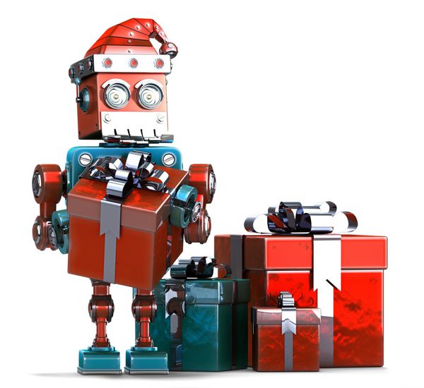 ربات قدیمی بابا نوئل با جعبه های هدیه مفهوم کریسمس جدا شده روی سفید حاوی مسیر برش است