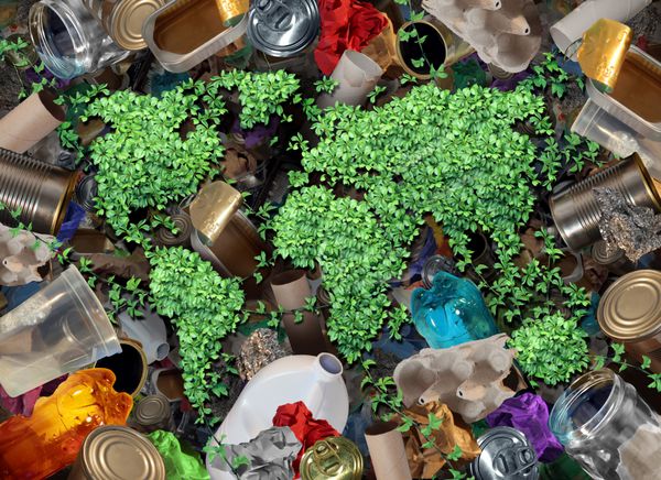 زباله های جهانی را برای محیط زیست و مفهوم زباله بازیافت کنید یا نماد مدیریت ضایعات بازیافت با شیشه کاغذی قدیمی و محصولات خانگی پلاستیکی برای استفاده مجدد و کمک به حفاظت