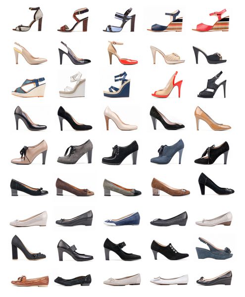 مجموعه ای از انواع کفش زنانه روی سفید