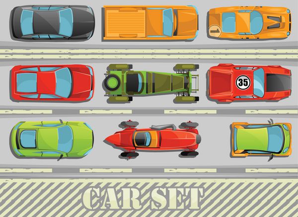 مجموعه ای رنگارنگ از ماشین های با نمای بالا در یک راه بزرگ