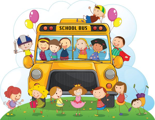 تصویر بچه ها با اتوبوس مدرسه در پس زمینه سفید