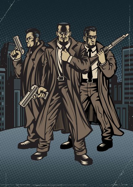 مافیای ترنچ کت وکتور گروهی از مردان با لباس قاتل مامور مخفی جنایتکار اوباش و غیره از دوران فیلم نوآر مردان به تپانچه و تفنگ مسلح هستند
