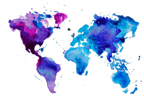 نقشه آبرنگ جهان جدا شده روی سفید