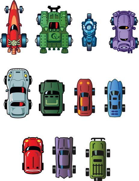 انواع ماشین‌ها و وسایل نقلیه کارتونی کوچک جالب برای استفاده به عنوان دارایی در بازی‌های رایانه‌ای نمای بالا