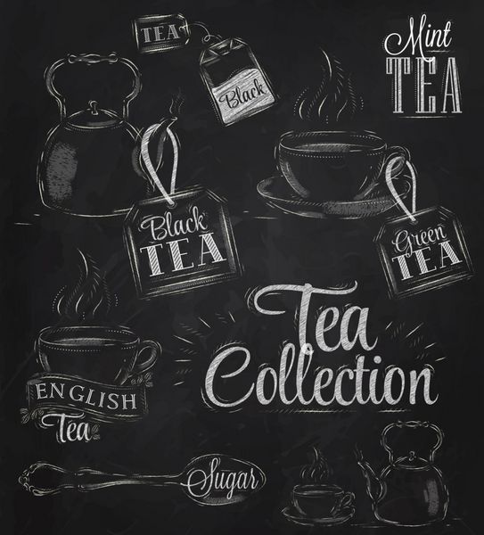 مجموعه ای از مجموعه چای با یک فنجان چای و کیسه های چای در طراحی سبک وینتیج با گچ روی تخته سیاه
