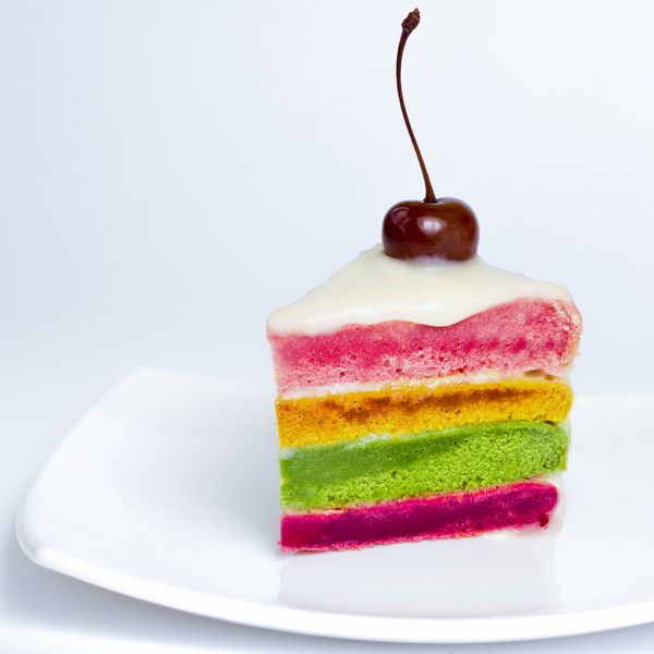 یک کیک رنگارنگ که روی آن یک گیلاس تزئین شده است