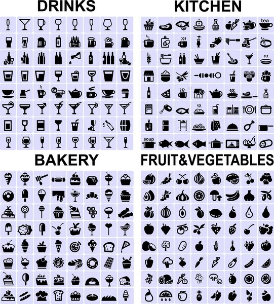 مجموعه ای از نوشیدنی ها آشپزخانه نانوایی و نمادهای میوه و سبزیجات