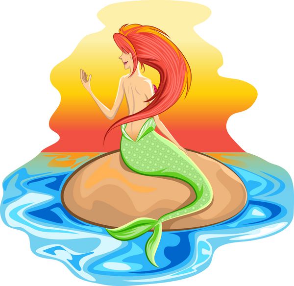 پری دریایی زن زیبا در ساحل جزیره انفرادی نشسته و در غروب خورشید خیره شده است