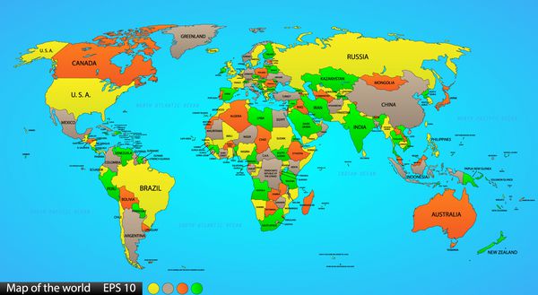 نقشه جهان سیاسی روی پس‌زمینه آبی اقیانوس با هر حالت برچسب‌گذاری شده و قابل انتخاب برچسب در پانل لایه‌ها نیز فایل همه کاره نمایان بودن و رنگ هر کشور را با یک کلیک روشن کنید