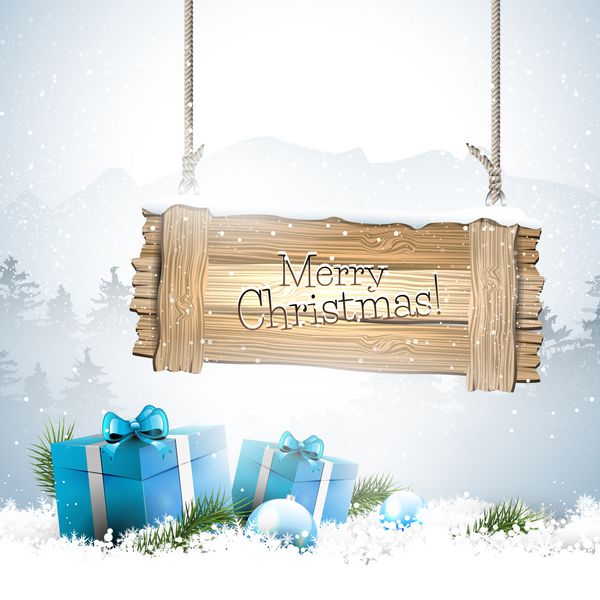 منظره زمستانی کریسمس با جعبه های هدیه در برف و علامت چوبی