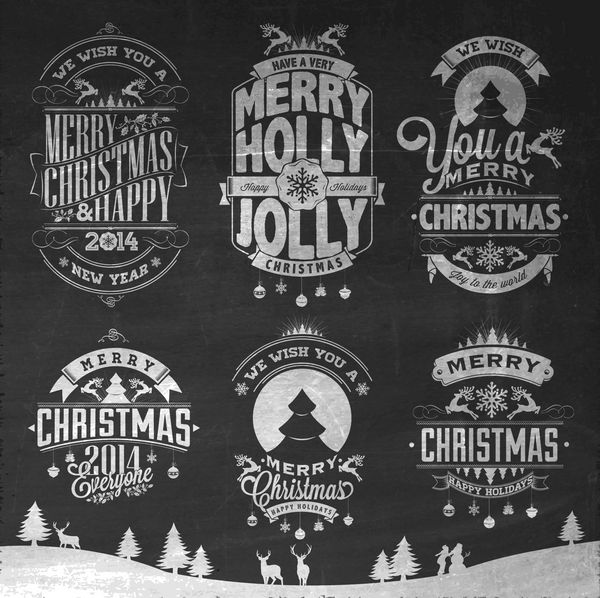 نمادهای رترو کریسمس عناصر و تصویر مجموعه روی تخته سیاه با گچ