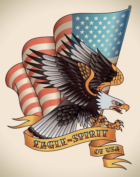 حمله عقاب طاس با پرچم ایالات متحده در پس زمینه طراحی قدیمی وکتور قابل ویرایش
