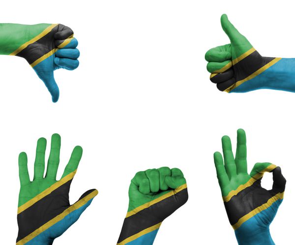 مجموعه ای از دست ها با ژست های مختلف در پرچم تانزانیا پیچیده شده است
