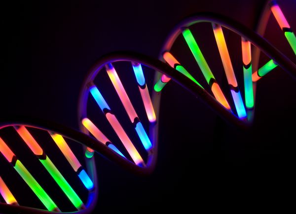 مدل DNA مارپیچ دو رشته ای رنگارنگ در پس زمینه مشکی