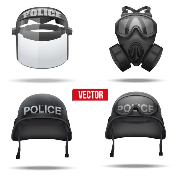 مجموعه ای از کلاه پلیسی و وکتور ماسک نماد دفاع از ارتش جدا شده در زمینه سفید