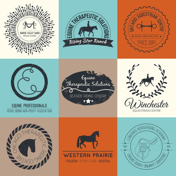 لوگوی وکتور پرنعمت اسب نمادهای تجاری کامل مرتبط با اسب با بافت عتیقه لوگوی مزرعه مرغوب یا کسب و کار سوارکاری