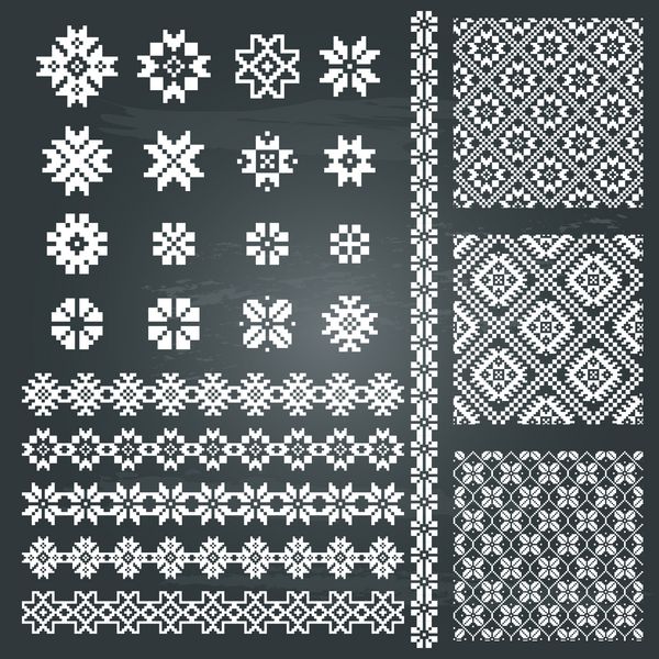 حاشیه ها و الگوهای عناصر تزئینی به رنگ سفید جدا شده در زمینه تخته سیاه محبوب ترین نشانه های قومیتی در مجموعه مجموعه های یک بسته مگا تصاویر وکتور