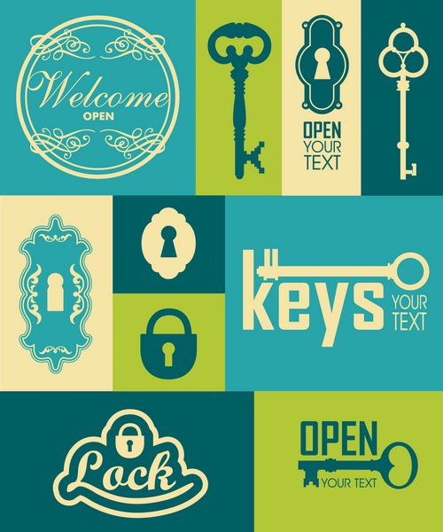 مجموعه آیکون های رترو از قفل کلیدها سیلوئت های کلید و قاب برچسب قدیمی با کلید لوگوی کلیدی