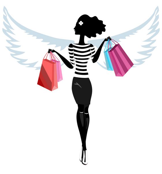 سیلوئت یک فرشته زن جوان زیبا با خرید زن جوان با بال های فرشته کفش مهره و کیف دستی زنانه وکتور تصویر