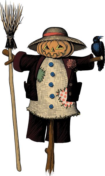 مترسک با سر کدو تنبل برای هالووین با جارو و کلاغ روی شانه هایش