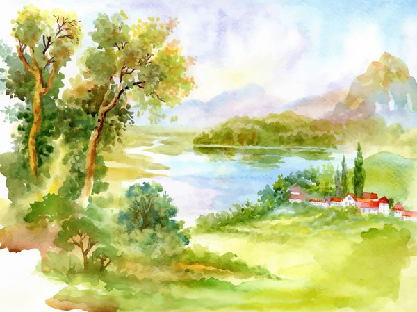 تصویر وکتور منظره طبیعت رودخانه آبرنگ