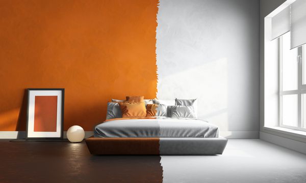 رندر داخلی سه بعدی اتاق خواب نارنجی-سفید
