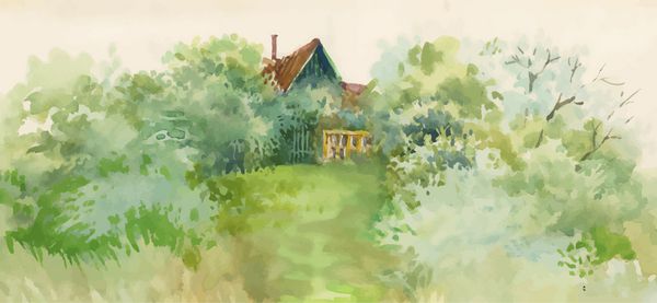 تصویر وکتور خانه روستایی آبرنگ در منظره سبز