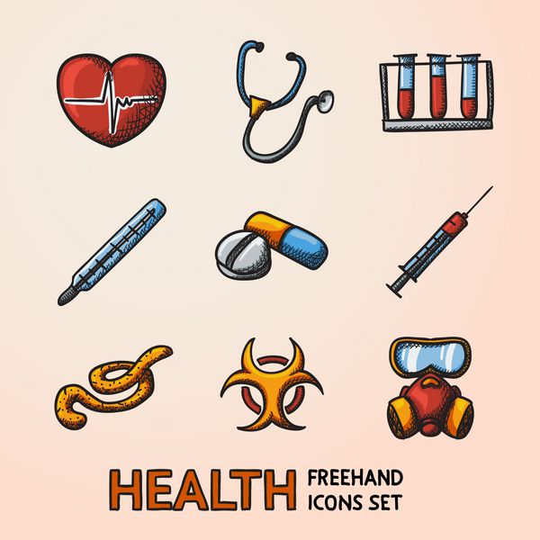 مجموعه نمادهای رنگارنگ دست آزاد پزشکی و مراقبت های بهداشتی - گوشی پزشکی قلب دماسنج قرص علامت خطر زیستی سرنگ لوله آزمایش ماسک گاز ویروس ابولا بردار