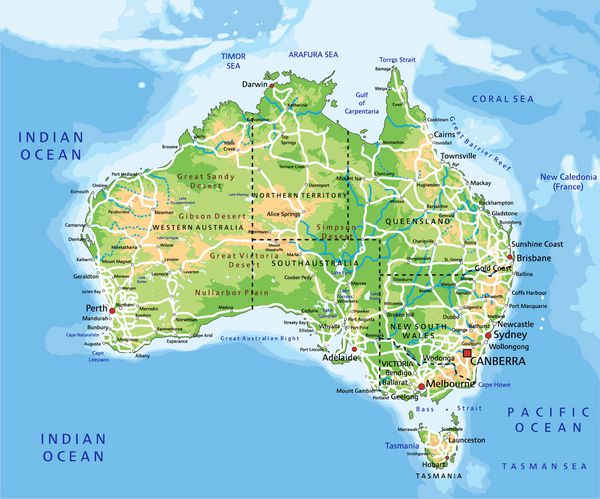 نقشه فیزیکی استرالیا با جزئیات بالا با برچسب