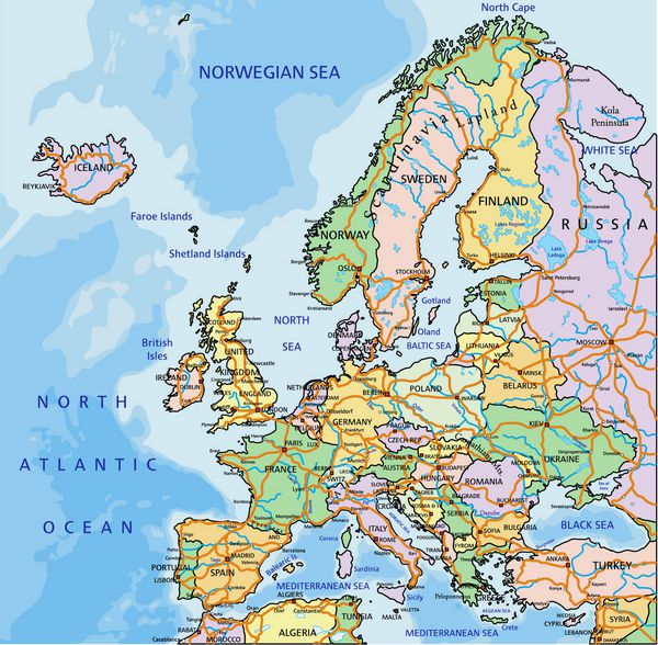 اروپا - نقشه سیاسی قابل ویرایش بسیار دقیق با لایه های جدا شده