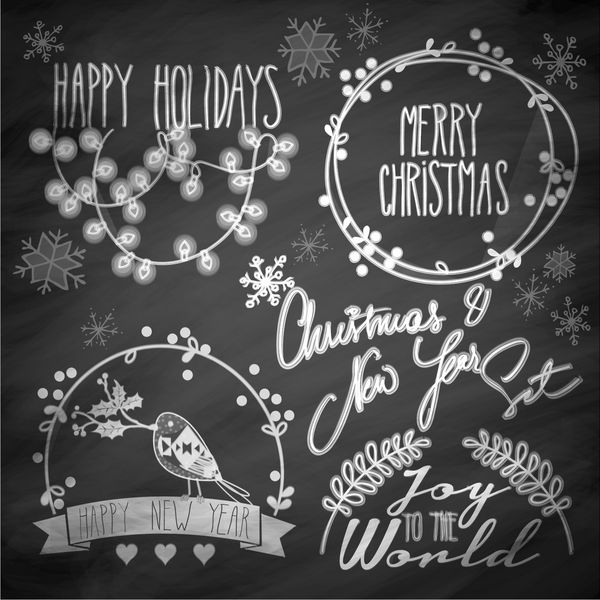 مجموعه ای از نمادهای ابله زمستان کریسمس سال نو و عناصر روی تخته سیاه