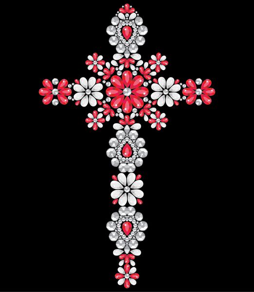 صلیب مسیحی پرنقش‌انگیز از سنگ‌های درخشان قرمز و نقره‌ای گل‌های زیبای کوچک اپلیکیشن بدلیجات تزئینات لباس تصویر هنری وکتور انتزاعی