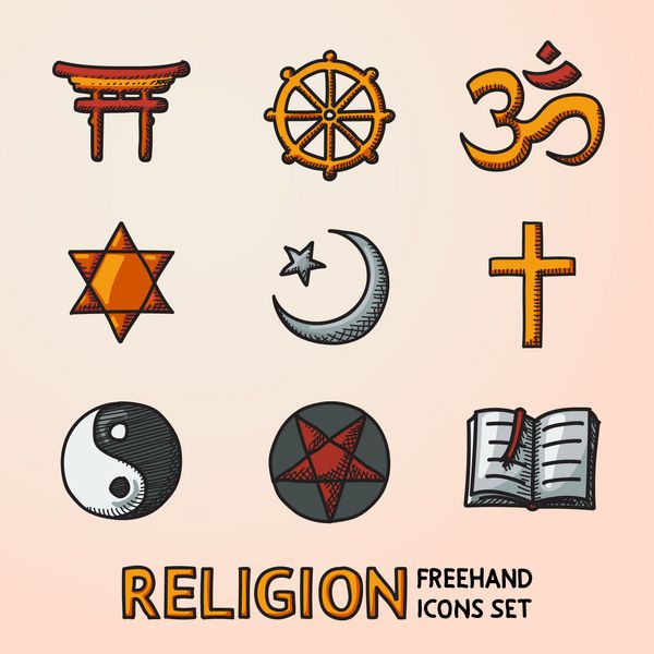 نمادهای دین جهانی با دست کشیده شده است - مسیحی یهودی اسلام بودیسم هندوئیسم تائوئیسم شینتو پنتاگرام و کتاب به عنوان نماد دکترین